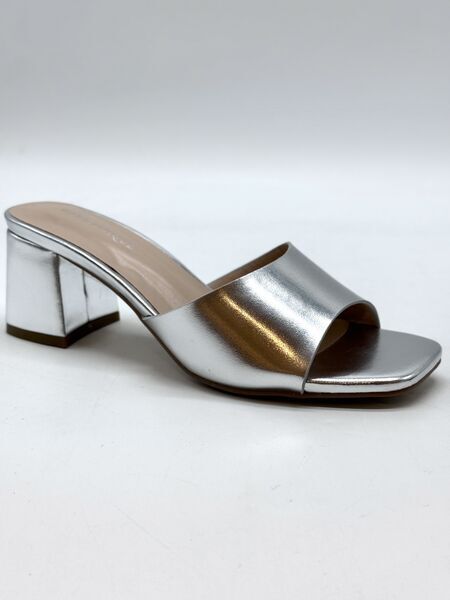 Silver Metallic Open-toe Block Heel Mule