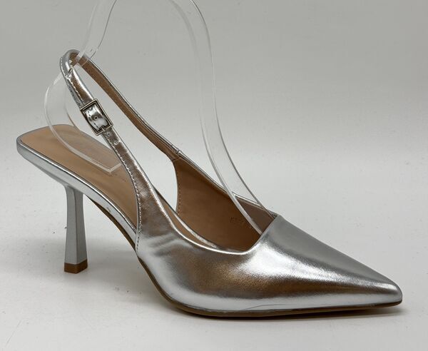 Silver Metallic Slingback Heels with Pointed Toe