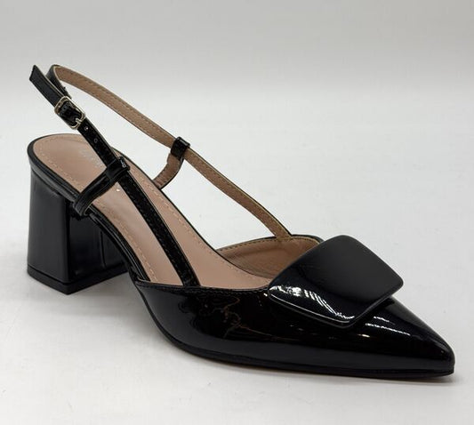 Black Patent Slingback Heels with Square Detail