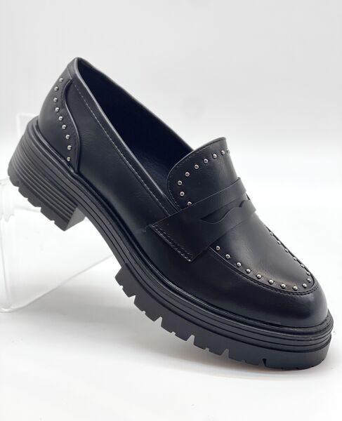 Black Studded Leather Loafer with Chunky Sole