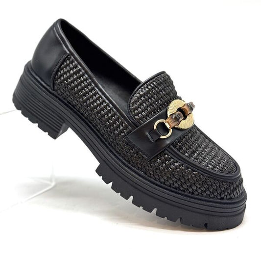 Black Woven Loafer with Gold Bit Detail