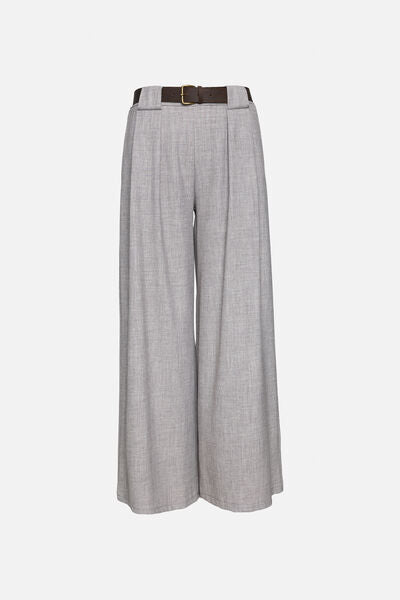 Gray Wide-Leg Trousers with Belt Detail
