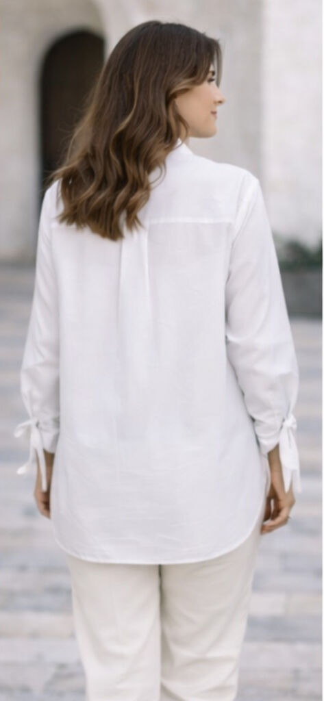 White Cotton Button-Up Shirt with Tied Cuffs