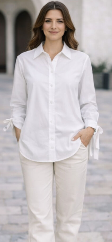 White Cotton Button-Up Shirt with Tied Cuffs