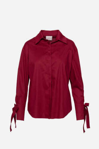 Red Button-Up Shirt with Tie Sleeve Detail