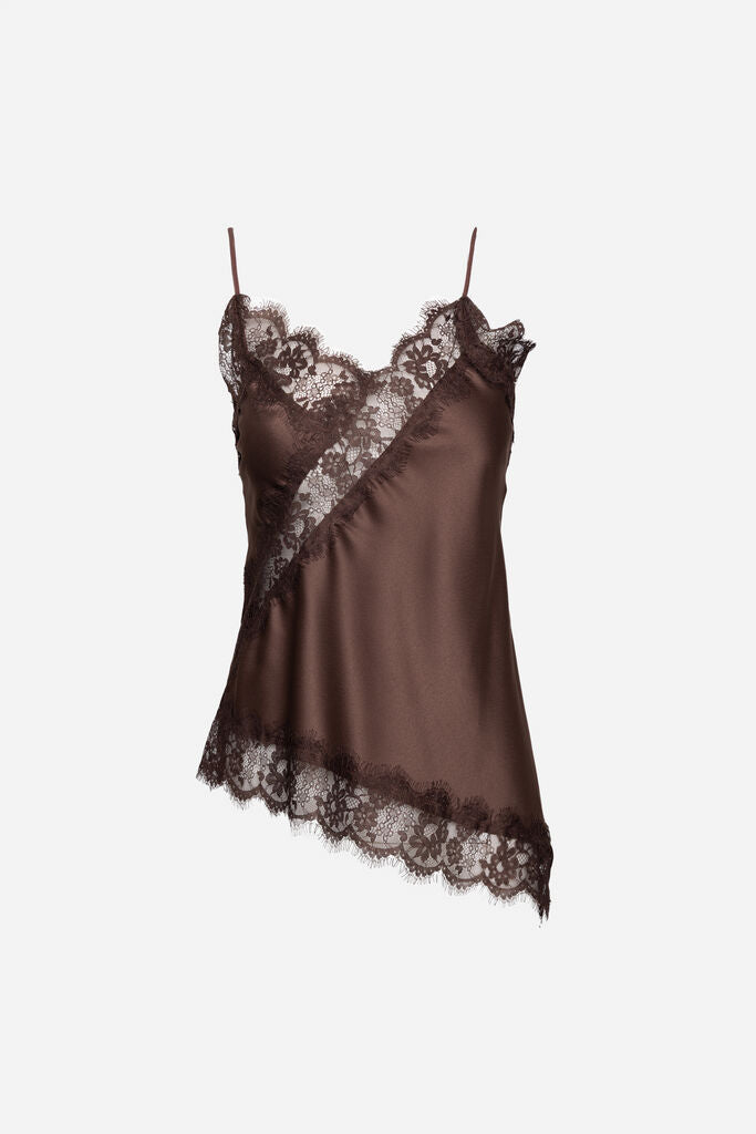 Brown Lace Satin Camisole with Asymmetric Hem