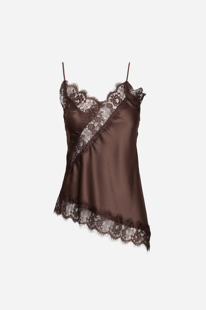 Brown Lace Satin Camisole with Asymmetric Hem