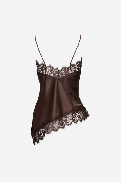 Brown Lace Satin Camisole with Asymmetric Hem