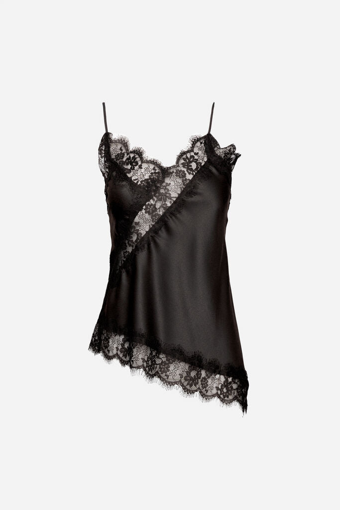 Black Lace-Trim Cami with Asymmetric Hem