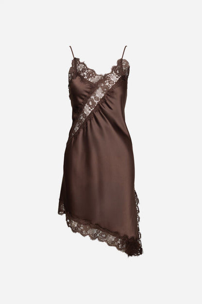 Chocolate Silk Slip Dress with Lace Accents