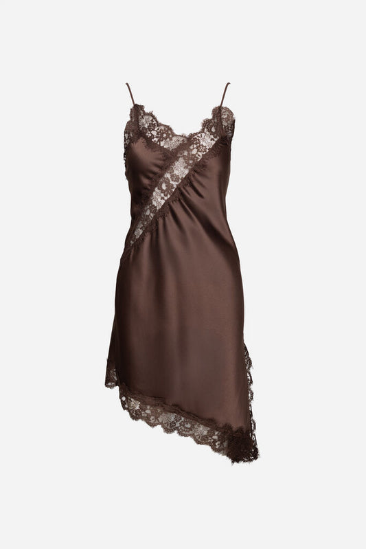 Chocolate Silk Slip Dress with Lace Accents