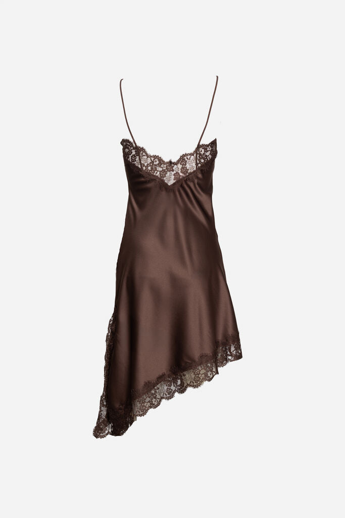Chocolate Silk Slip Dress with Lace Accents