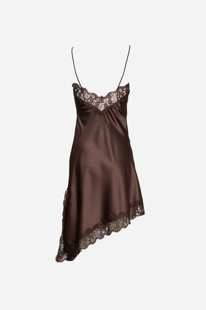 Chocolate Silk Slip Dress with Lace Accents