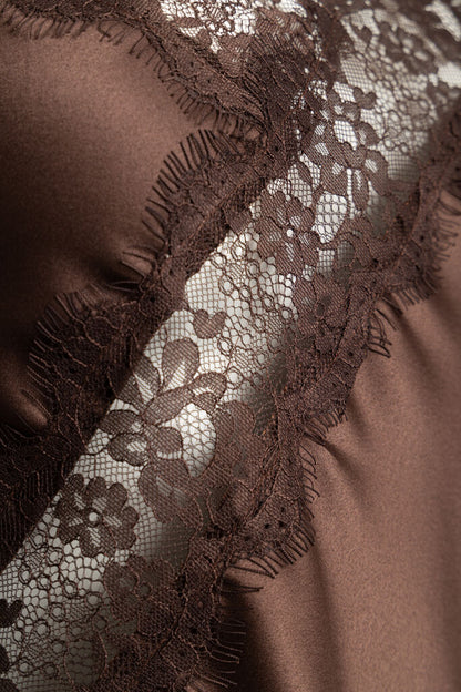 Chocolate Silk Slip Dress with Lace Accents