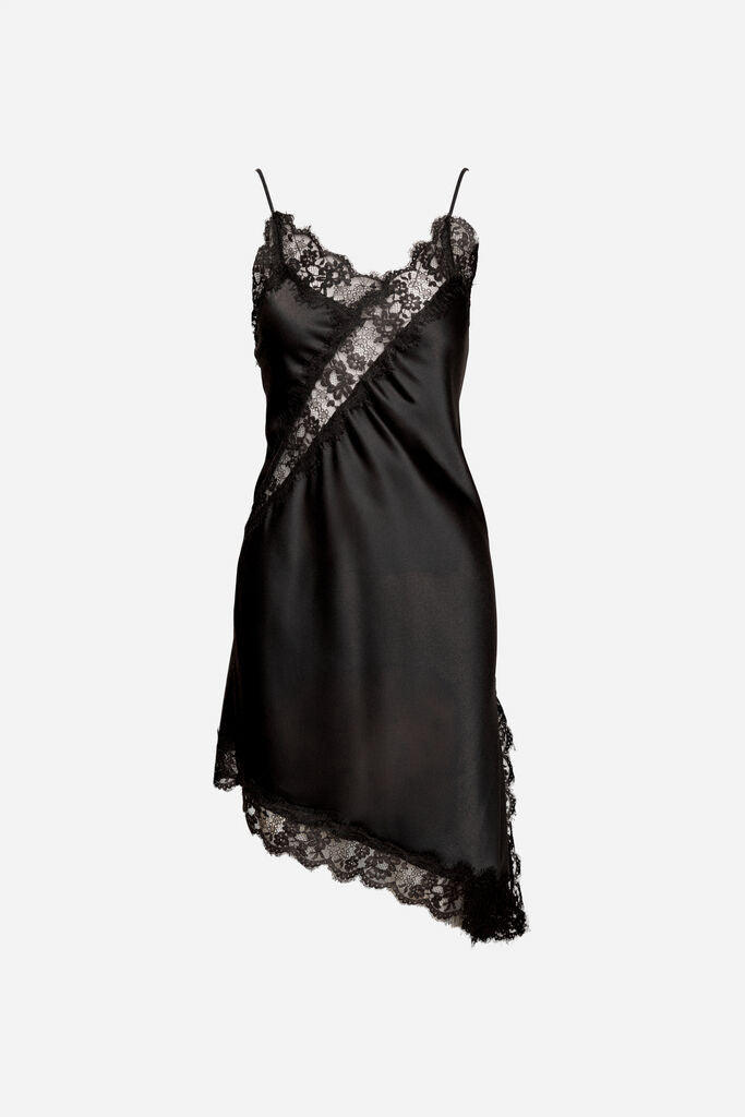 Black Lace-Trim Satin Slip Dress