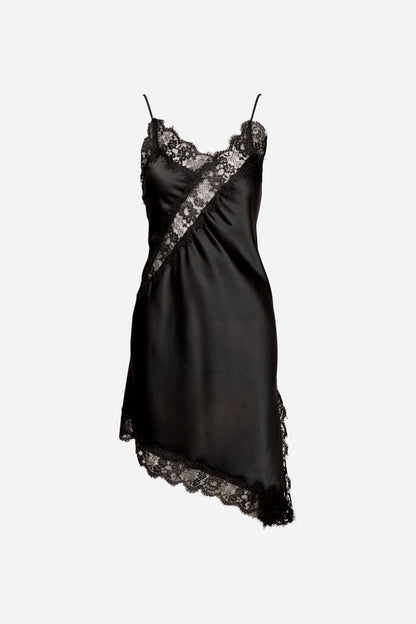 Black Lace-Trim Satin Slip Dress