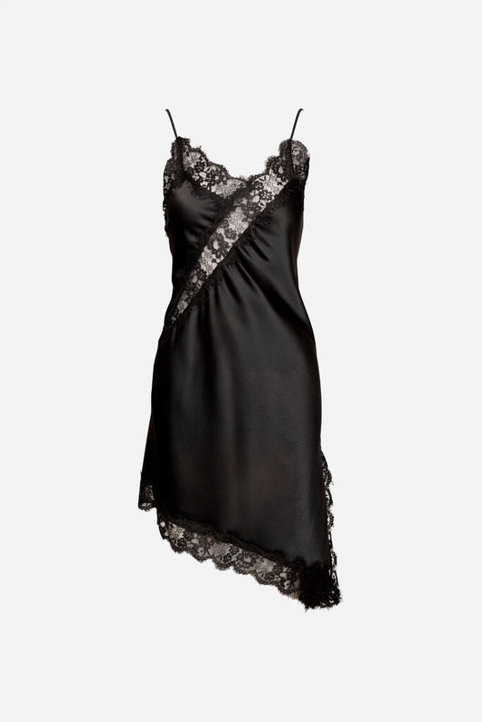 Black Lace-Trim Satin Slip Dress