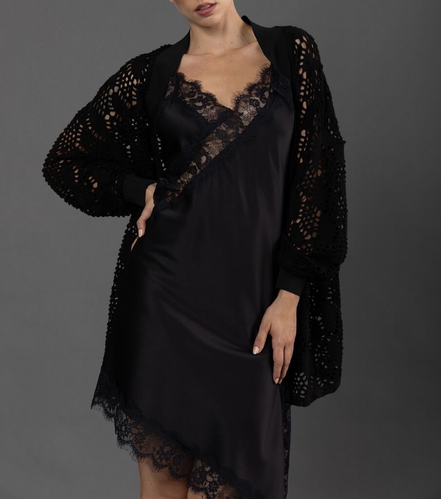 Black Lace-Trim Satin Slip Dress