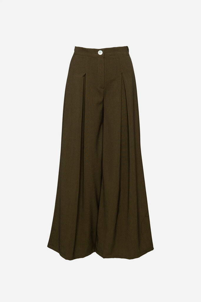 Olive Wide-Leg Trousers with Pleated Design