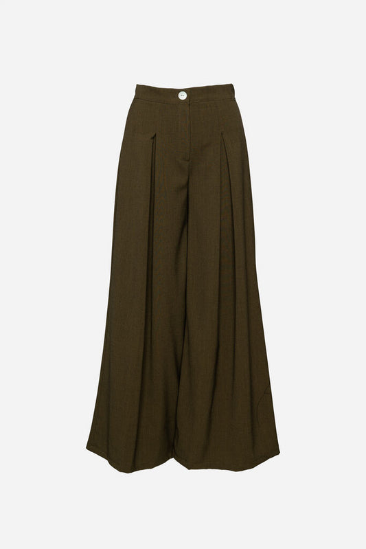 Olive Wide-Leg Trousers with Pleated Design