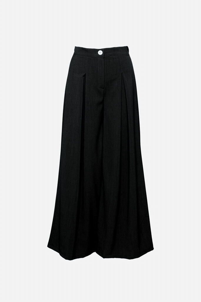 Black Pleated Wide-Leg Pants with Button Closure