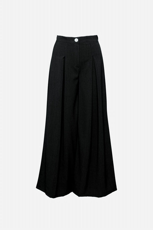 Black Pleated Wide-Leg Pants with Button Closure