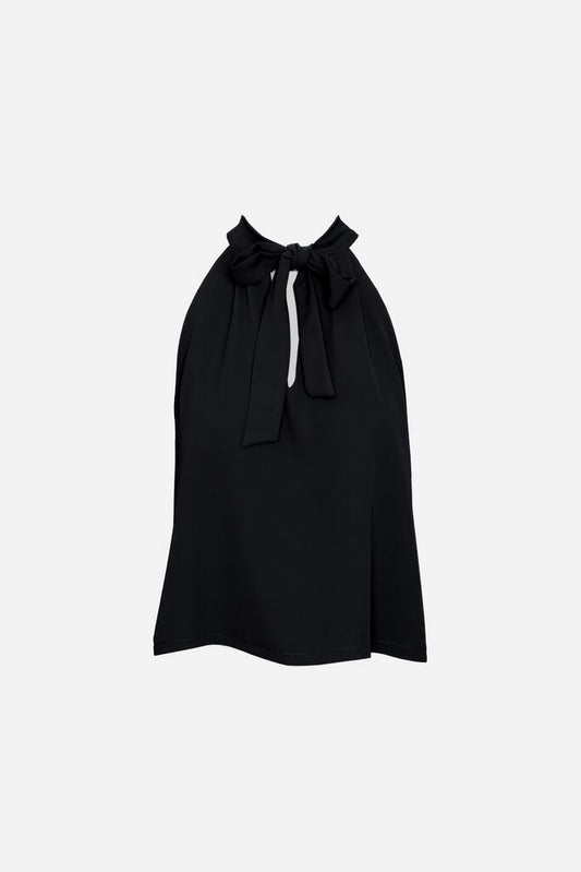 Black Bow-Tied Halter Top with Elegant Drape