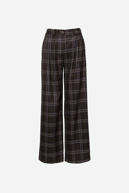 Classic Plaid Wide-Leg Trousers with Button Closure