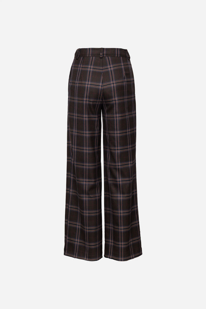 Classic Plaid Wide-Leg Trousers with Button Closure