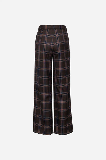 Classic Plaid Wide-Leg Trousers with Button Closure
