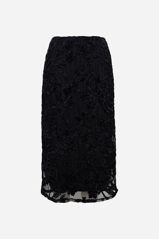 Black Lace Embroidered Skirt with Sheer Hem