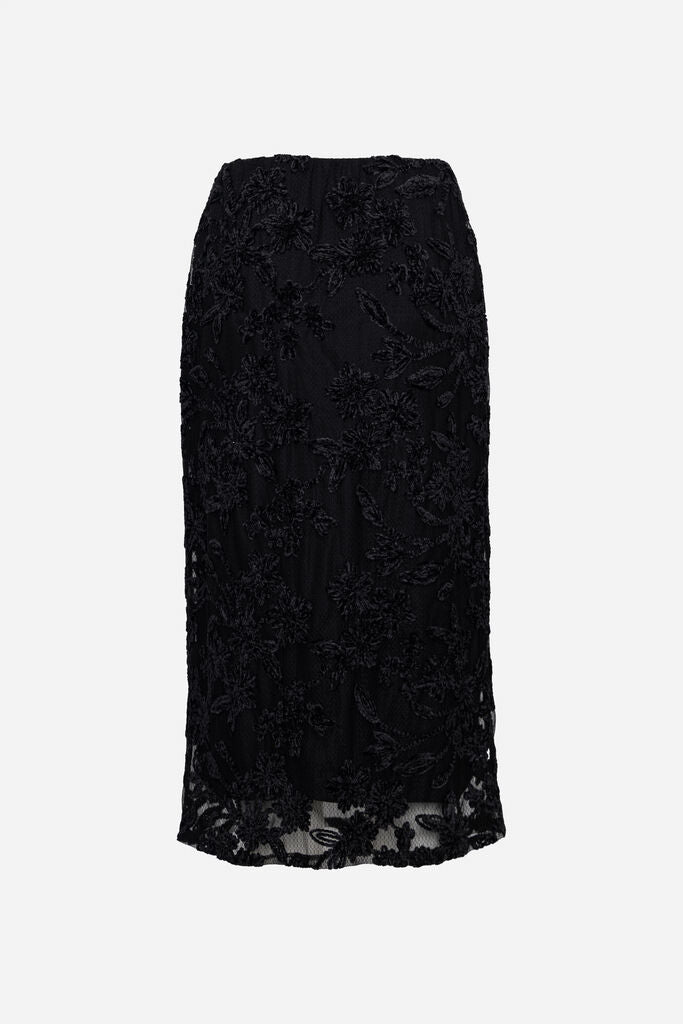 Black Lace Embroidered Skirt with Sheer Hem