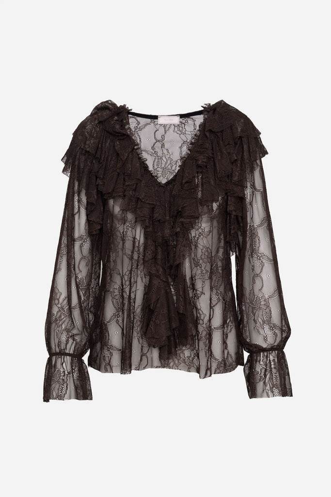 Black Lace Ruffle Blouse with Flared Sleeves