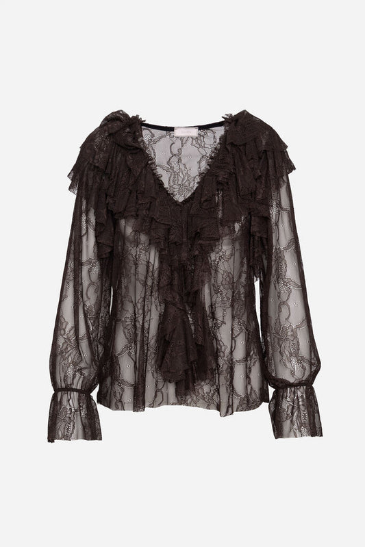 Black Lace Ruffle Blouse with Flared Sleeves