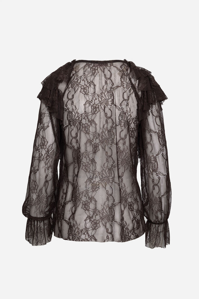 Black Lace Ruffle Blouse with Flared Sleeves
