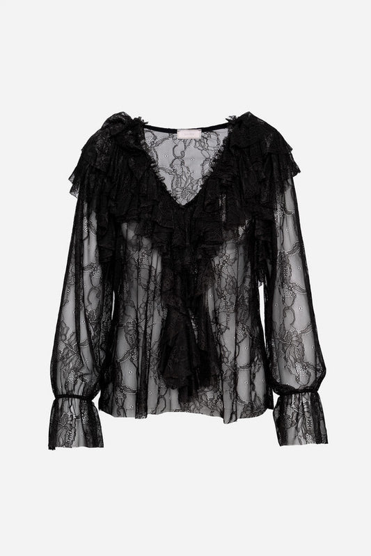 Black Lace Blouse with Ruffled Details