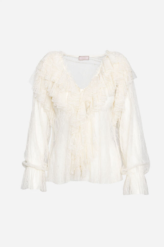 White Lace Blouse with Ruffled Detailing