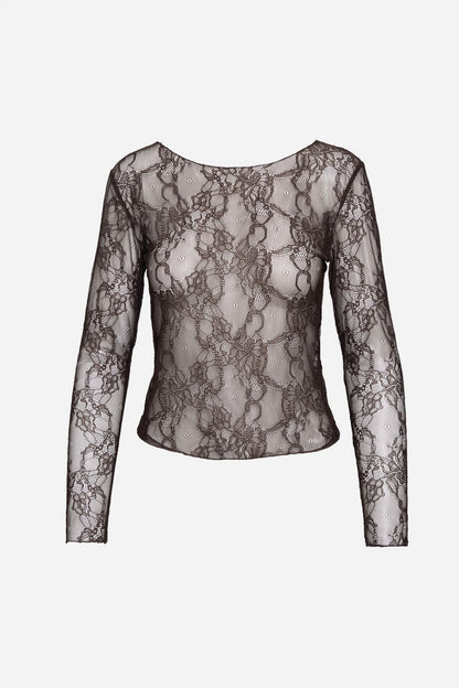 Brown Lace Long Sleeve Top with Floral Pattern