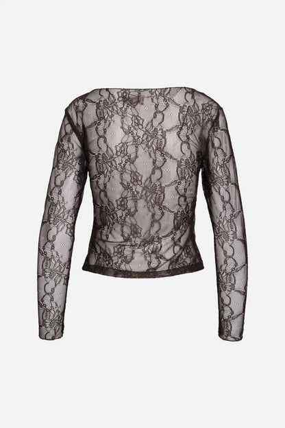 Brown Lace Long Sleeve Top with Floral Pattern