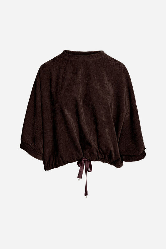 Brown Textured Kimono Jacket with Tie Closure