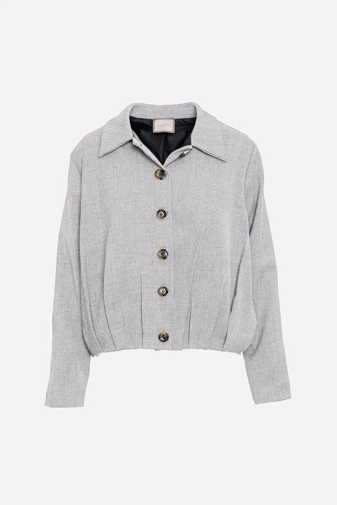 Gray Textured Button-Up Jacket with Collared Neckline