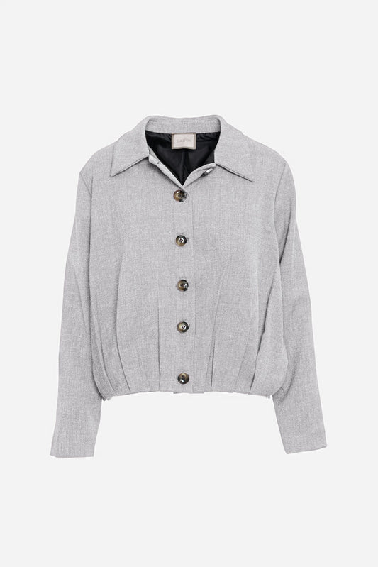 Gray Textured Button-Up Jacket with Collared Neckline