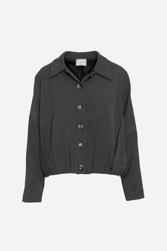 Charcoal Button-Up Cropped Jacket with Classic Collar