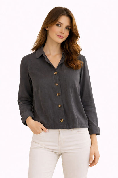 Charcoal Button-Up Cropped Jacket with Classic Collar