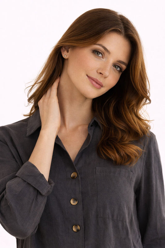 Charcoal Button-Up Cropped Jacket with Classic Collar