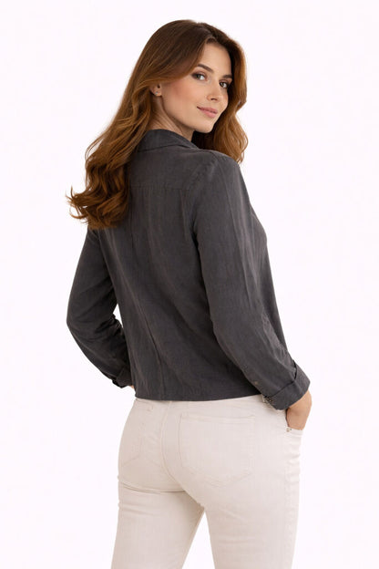 Charcoal Button-Up Cropped Jacket with Classic Collar