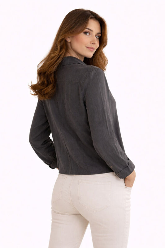 Charcoal Button-Up Cropped Jacket with Classic Collar