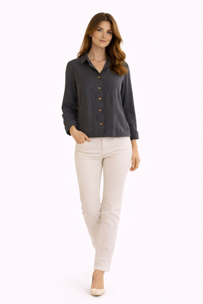 Charcoal Button-Up Cropped Jacket with Classic Collar