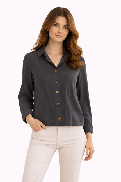 Charcoal Button-Up Cropped Jacket with Classic Collar
