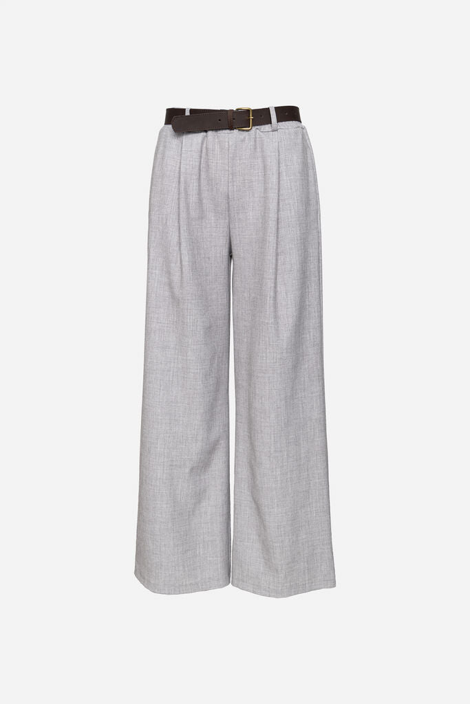 Gray Woven Wide-Leg Trousers with Belt